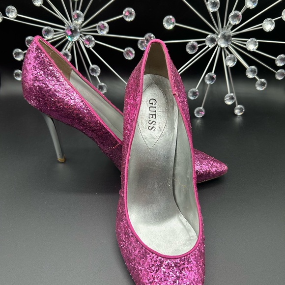 Guess Barbie Pink Pointed Toe Sequin 4” Silver Heel Shoes Size 9 - Picture 7 of 13